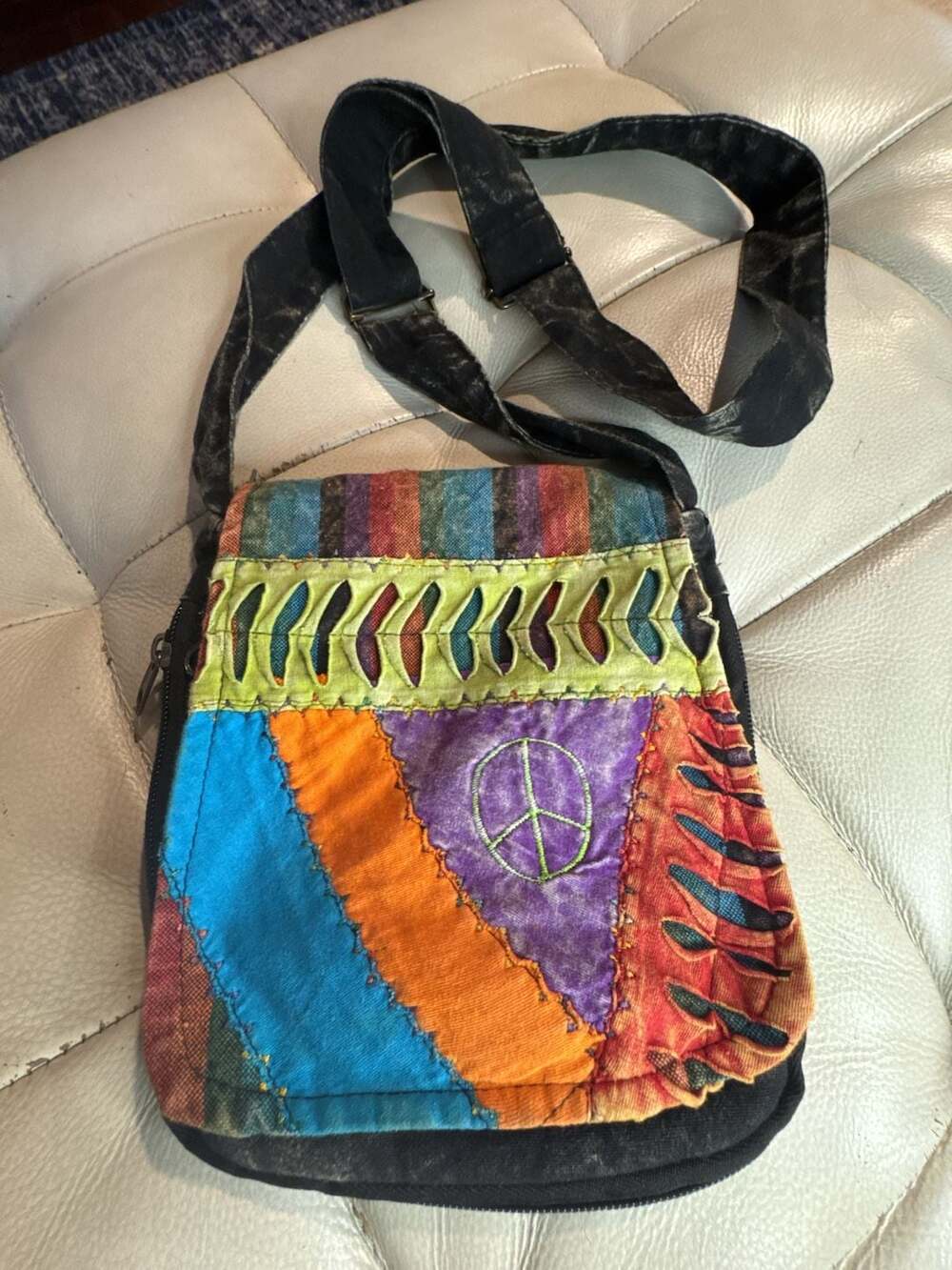 Handmade Hippie Patchwork Crossbody Bag with Peace Sign